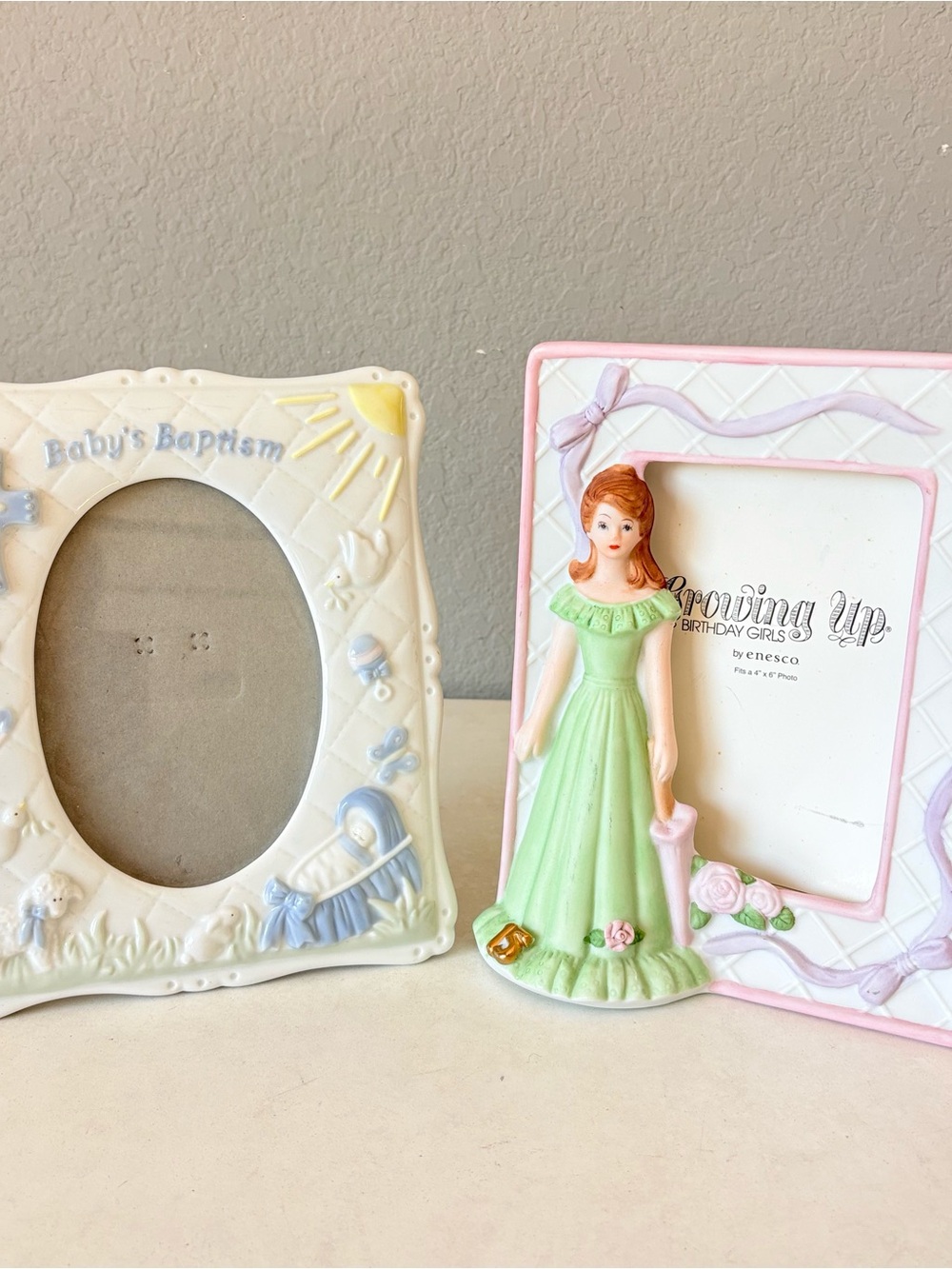 Lot 2 Porcelain Picture Frame Baby’s Baptism & Girl’s Birthday Fits 4”x6” Photo